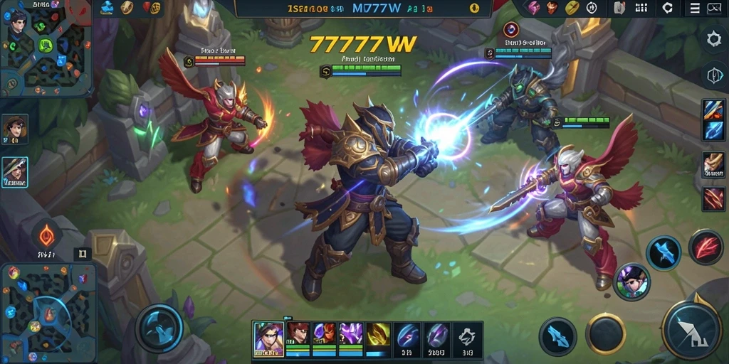Tampilan menarik dari gameplay 7777W dalam pertarungan MOBA.