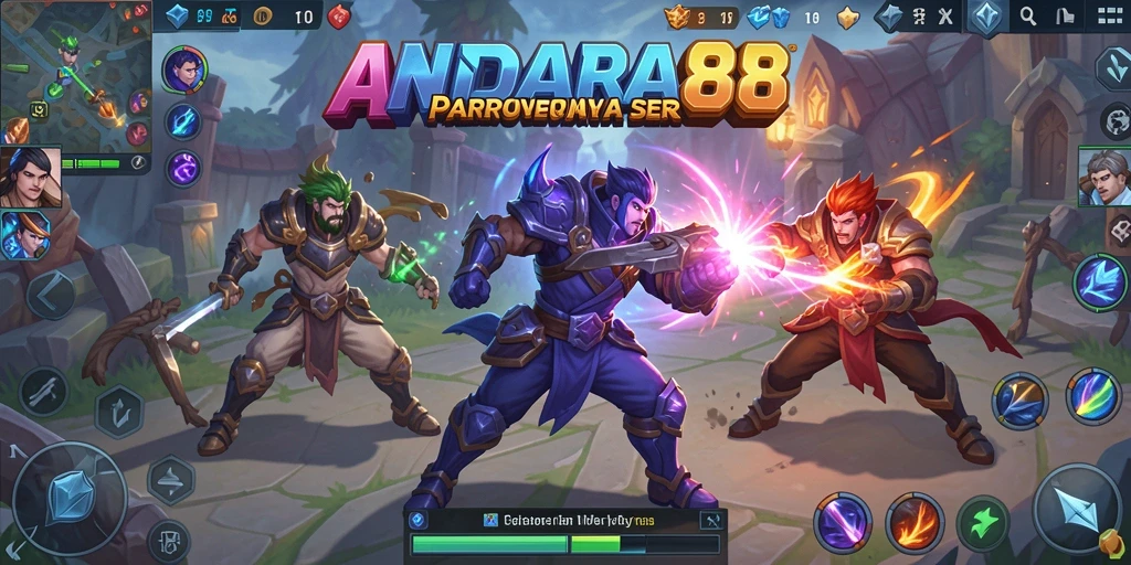 Screenshot utama menunjukkan aksi seru dalam game MOBA.