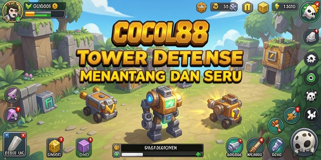 Tampilan gameplay seru dari COCOL88 dengan menara pertahanan yang mengagumkan.
