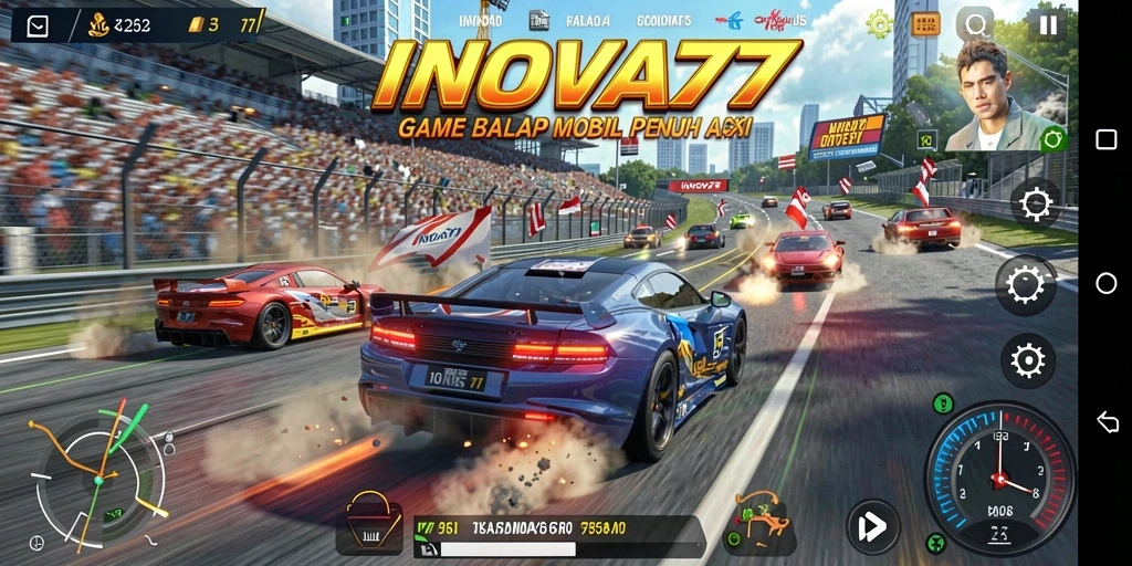 Screenshot gameplay INOVA77 menampilkan aksi balap yang mendebarkan.