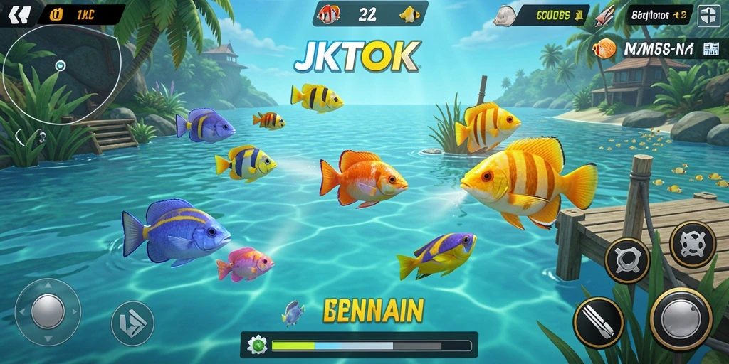 Tampilan gameplay JKTOK yang seru dalam menangkap ikan.