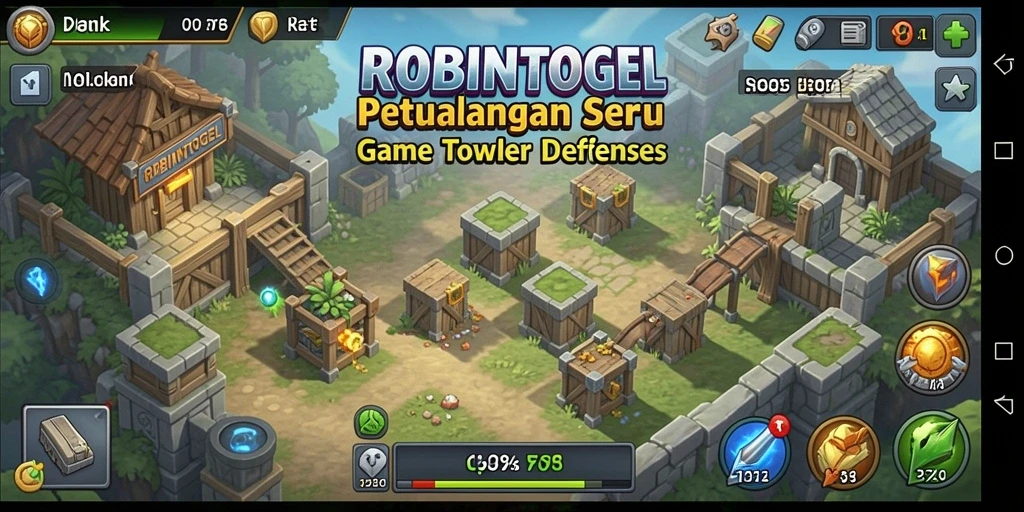 Tangkapan layar gameplay ROBINTOGEL menampilkan aksi Tower Defense yang intens.